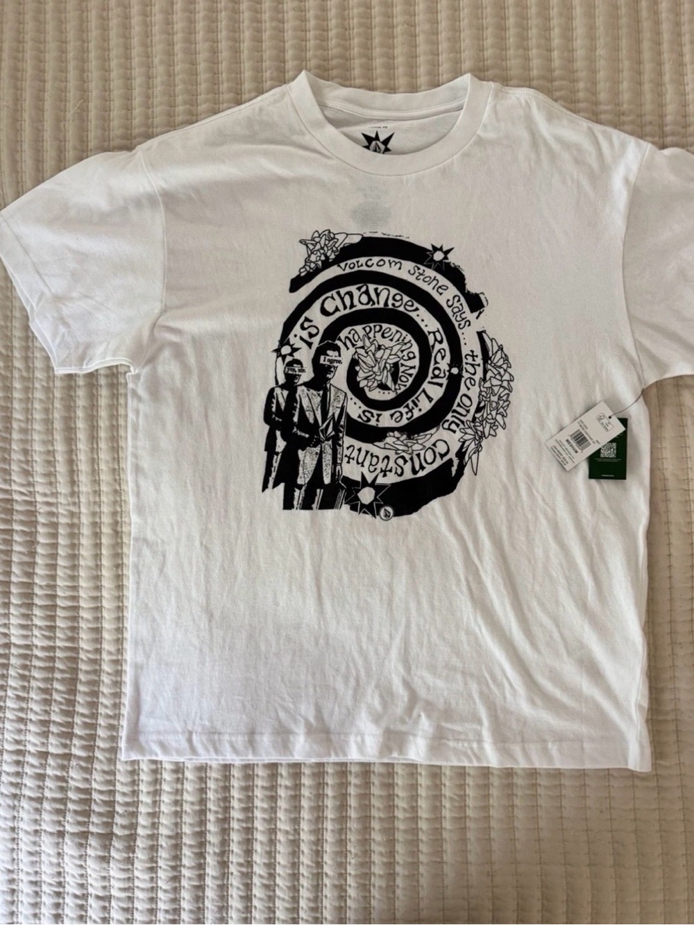 Volcom White Tee with Black Spiral Graphic